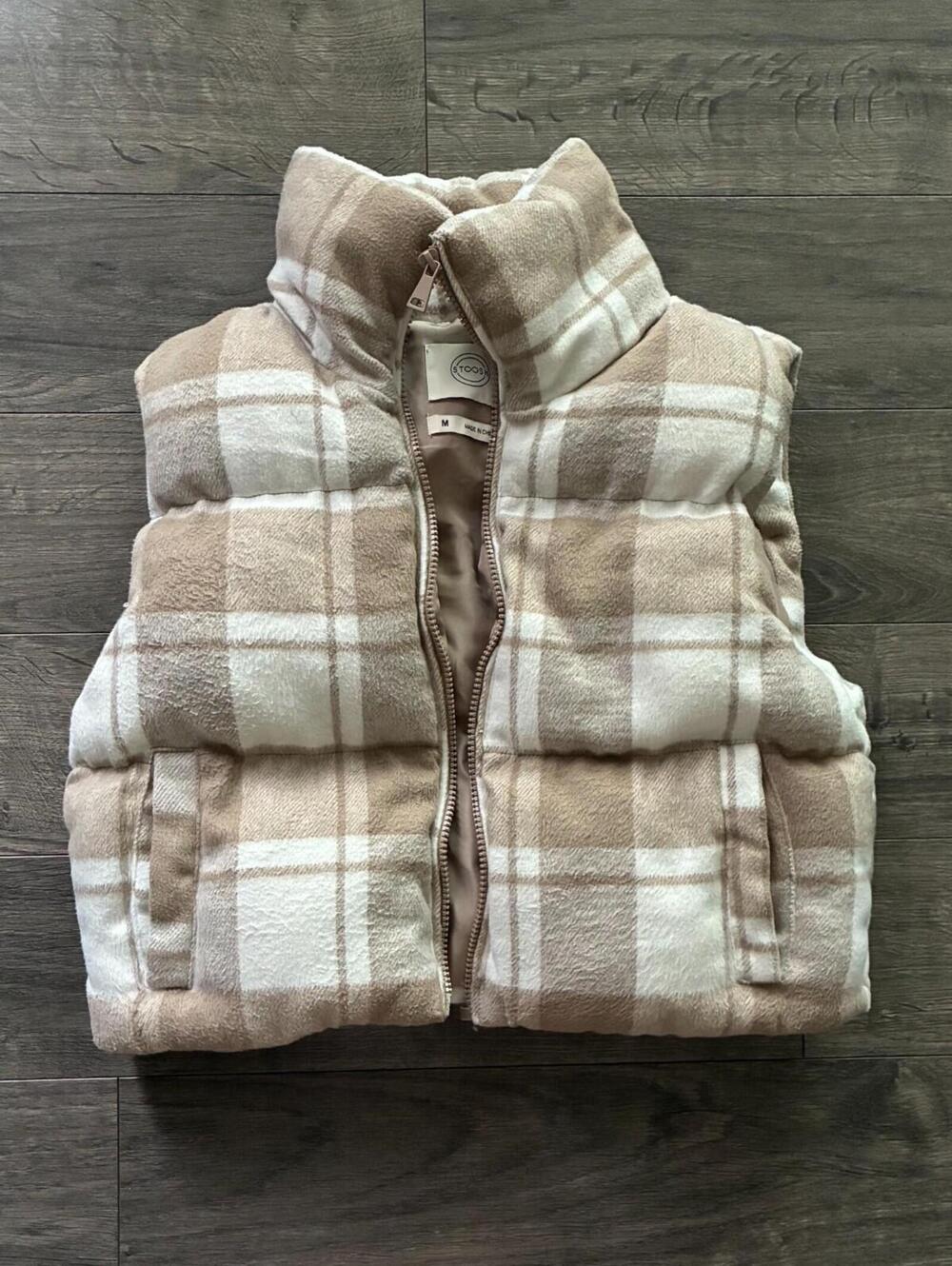 Stoosh beige plaid puffer vest